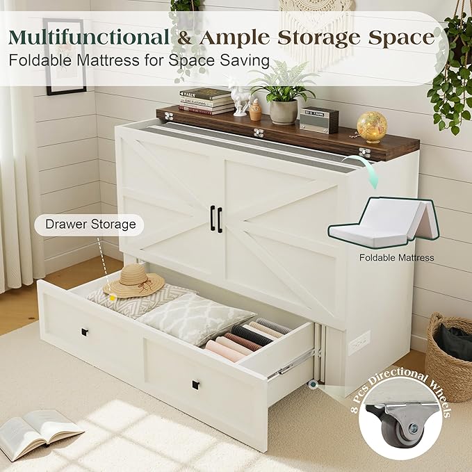 Full Murphy Bed with 6" Tri-Fold Memory Foam Mattress, Storage Drawer & Charging Station, Space-Saving Design for Home Office or Guest Room, White