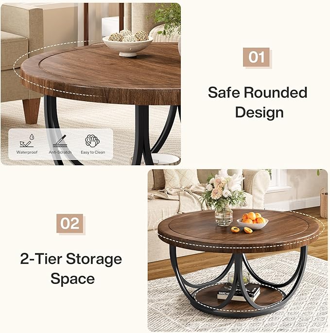 Tribesigns Round Coffee Table with 2 Tiers, 33.5" Wooden Circle Accent Cocktail Table with Storage Shelf and Metal Frame, Industrial Center Tables for Living Room, Brown & Black