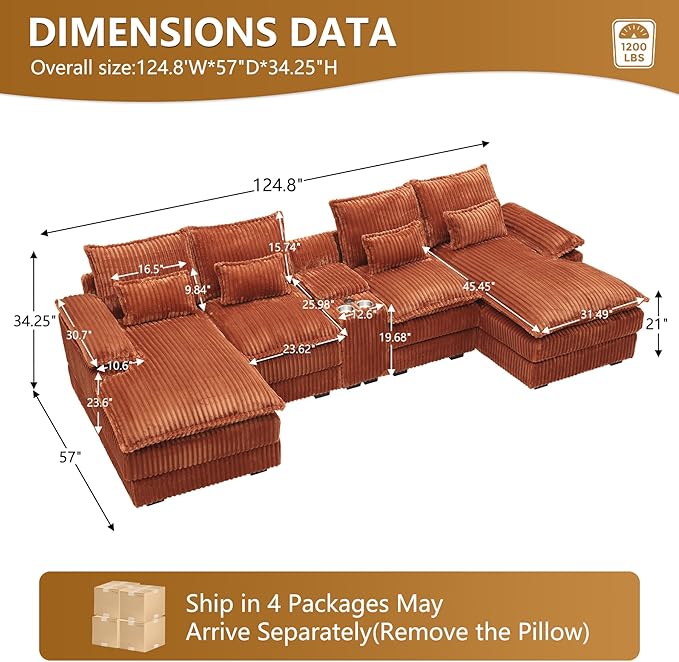 HYJT-H&K 124" U Shaped Cloud Couch Sectional, Comfy Fluffy Plush Corduroy Orange Sectional Couches for Living Room, Modern Modular Corduroy Couch Sectionals with Central Console & Double Chaise