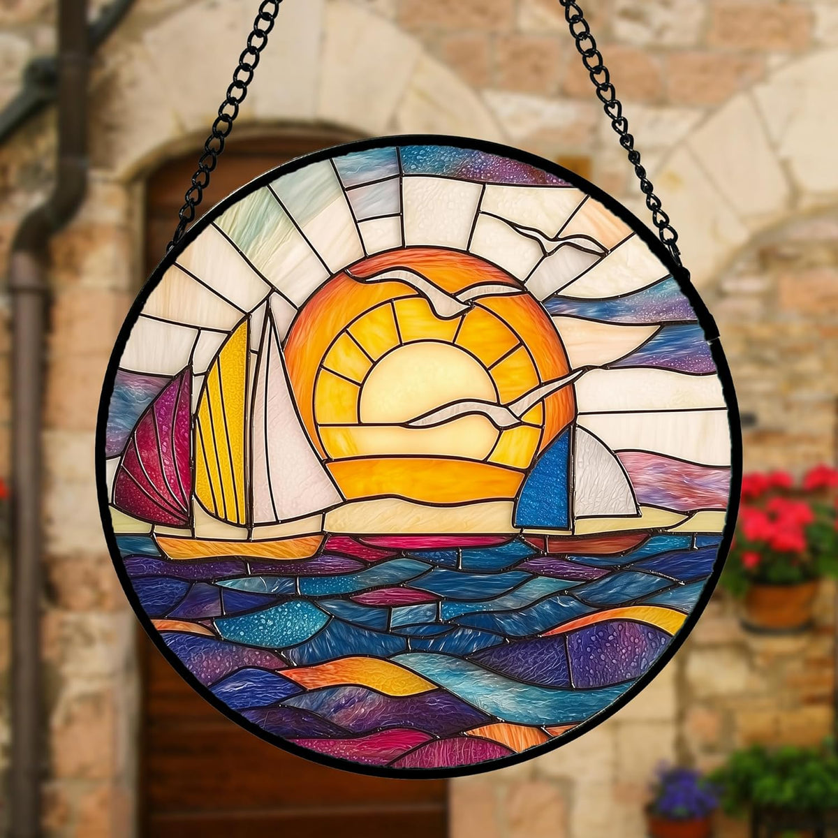Stained Glass Window Hanging, Sailboat and Waves Suncatcher Diamond Glass Panel Hangings Sun Catchers Decor for Birthday for Women, Men, Wife, Aunt, and Mom 9.8 in