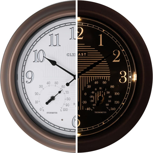 CLXEAST 18 Inch Illuminated Outdoor Indoor Atomic Analog Wall Clock with Temperature & Humidity, Lighted Outdoor Clocks for Patio Large Waterproof with Thermometer,Bronze Finish,House Warming Gifts