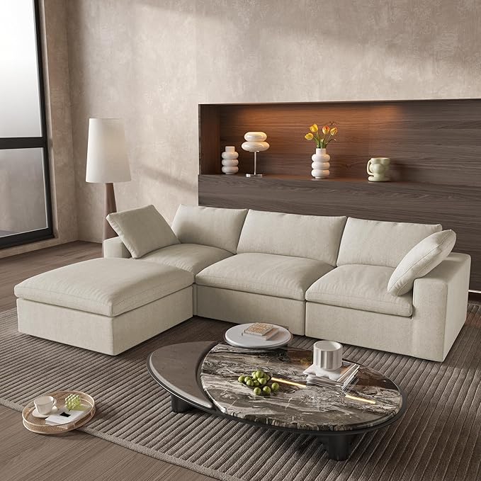 Cloud Modular Sectional Sofa with Storage Ottoman,120.45" L Shaped Couch for Living Room,Down Filled Convertible Couch Deep Seat for Office Apartment,Covers Washable&Replaceable(Khkai)