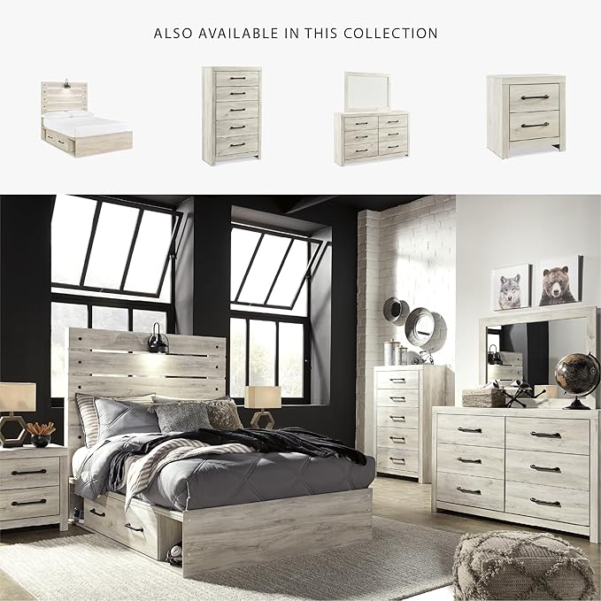 Signature Design by Ashley Cambeck Farmhouse Full Panel Platform Bed with 2 Storage Drawers, Cubbies, Sconce Light and USB Ports, Foundation or Box Spring Not Needed, Whitewash