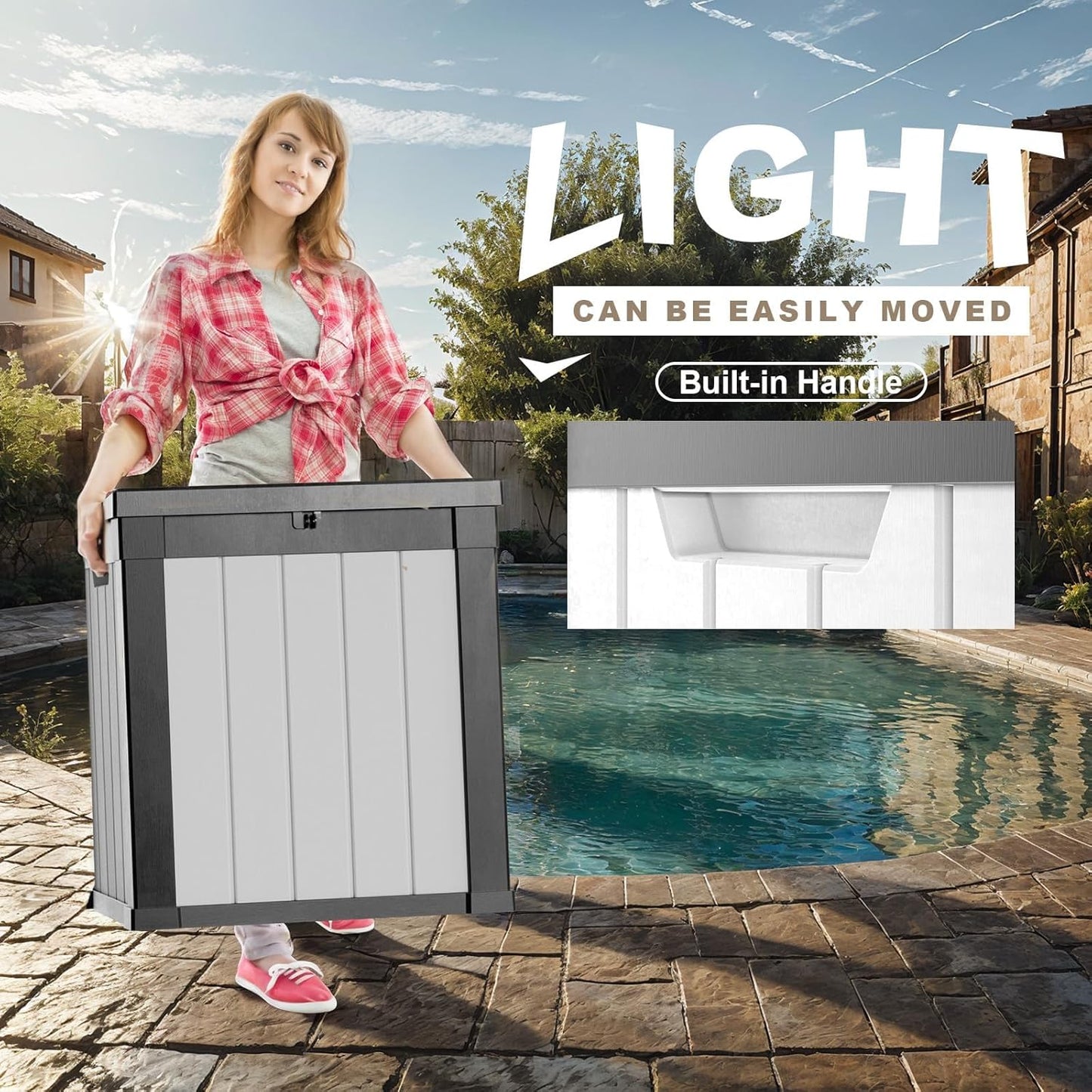 50 Gallon Resin Deck Box, Lockable Outdoor Storage Box for Patio Cushions Storage Furniture,Garden Tools, Pool Supplies, Weatherproof and UV Resistant (Black&White)