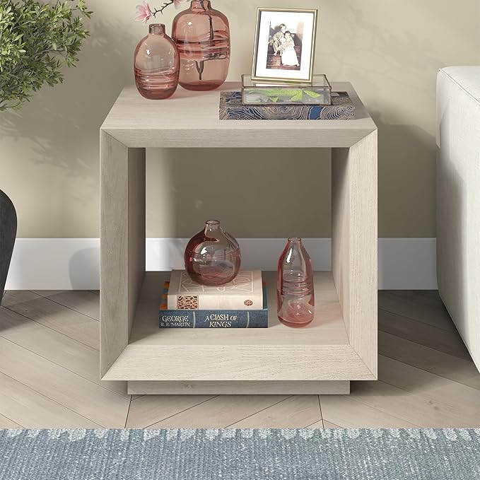 Henn&Hart 22" Modern Square Wooden End Table, Side Table, Nightstand with Open Display Shelf for Living Room, Office, Family Room, or Bedroom, Alder White