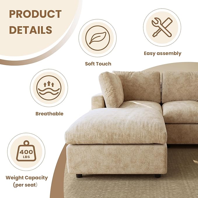 WJShome L Shaped Sectional Couch 134 Inch 4-Seater Modern Modular Sofa with Ottoman,Chenille Deep Seat Couches for Living Room, Bedroom and Apartment，Khaki