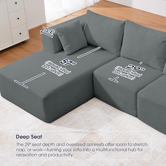 KINGYES 107'' Modular Sectional Sofa, L Shaped Cloud Couch for Living Room, Modern Boneless Sofa with Chaise for Bedroom, Light Gray