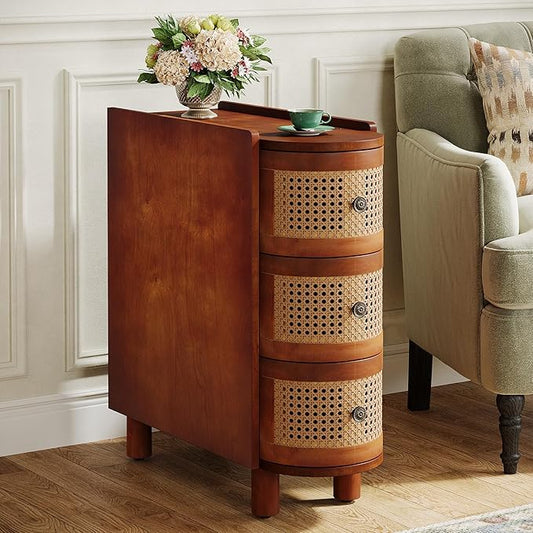 Tribesigns Solid Wood End Table, 3-Drawer Rattan Side Table, Night Stand with 3 Rattan Drawers and Exquisite Embossed Handles for Living Room, No Assembly Required (Walnut & Oak, 1PC)