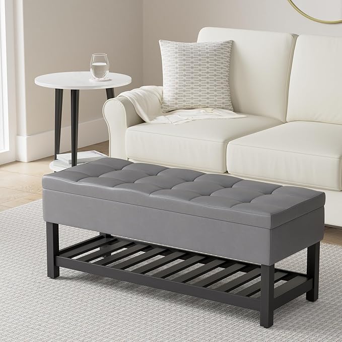 SIMPLIHOME Cosmopolitan Storage Ottoman Bench - 44 inch Wide Upholstered Vegan Leather Rectangle Storage Ottoman in Stone Grey, Transitional Bench for Bedroom with Tufted Lift-Top and Open Shelf