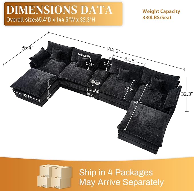 HYJT-H&K 145" U Shaped Cloud Couch Modular Black Fluffy Sectional Couches for Living Room, Comfy Chenille Oversized Cloud Couch Sectional, 6 Seat Large Sectionals Sofa Set Central Console USB