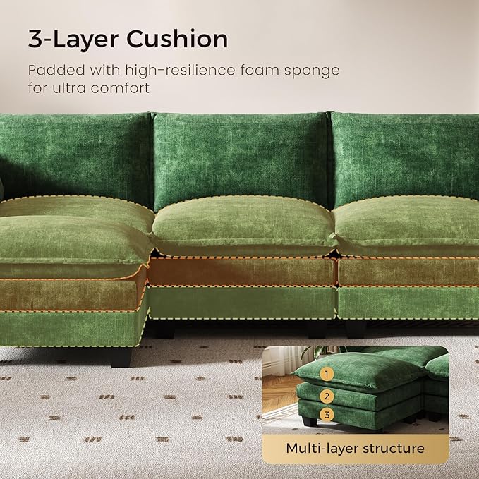 KKL 120" Modular Sectional Sofa, U-Shaped 6 Seater Convertible L-Shaped Cloud Couch with Ottoman, Chenille Modern Sectional Couches for Living Room, Apartment, Green