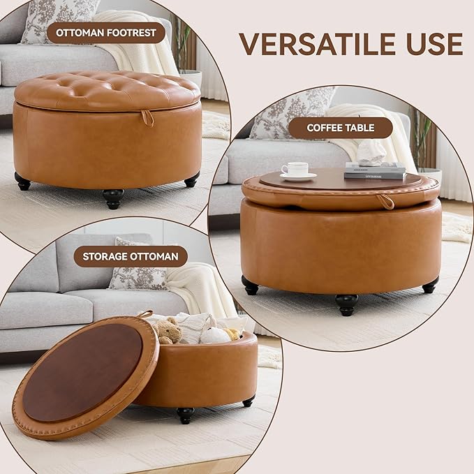 30Inch Round Storage Ottoman with Tray, Modern Tufted Leather Circle Coffee Table with Storage, Upholstered Ottoman with Removable Top for Living Room, Bedroom, Leather Brown