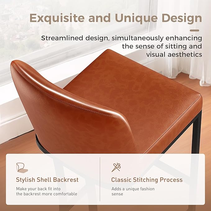 MAISON ARTS Counter Height Bar Stools with Back Set of 3 for Kitchen Counter, 24 Inch Modern Upholstered Faux Leather Barstools Farmhouse Bar Chairs Luxury Island Stools Support 330LBS, Brown