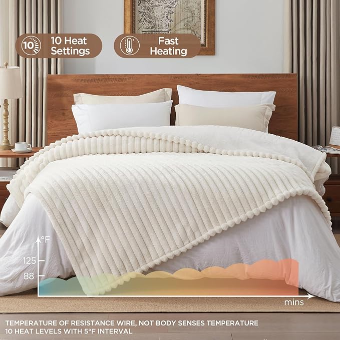 Westinghouse Electric Blanket Queen Size, Super Cozy Luxury Faux Fur & Sherpa Heated Blanket with 10 Heating Levels & 1-12 Hours Auto Off, Fast Heating Blanket, Machine Washable, 84x 90 Inch, Beige