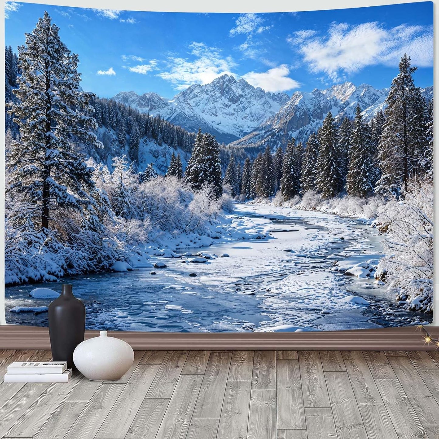 AMM Winter Forest Snow Mountain Tapestry Snowy Pine Tree Woodland Tapestry for Bedroom Aesthetic White Clouds Flowing River Landscape Tapestries Wall Hanging for Living Room Dorm Office 80 x 60 Inch