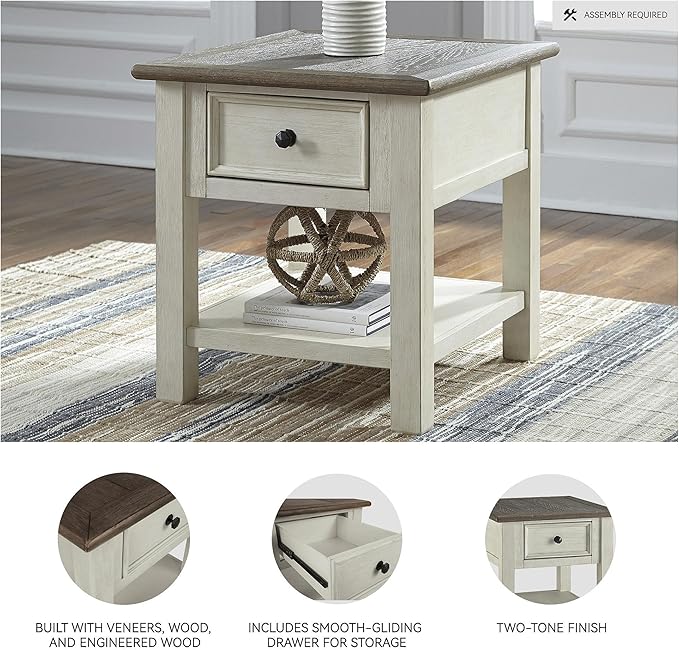 Signature Design by Ashley Bolanburg Farmhouse Rectangular End Table, Plank Style Top, Drawer, Wood, 24" W x 27" D x 25" H, 2-tone Finish, Antique Cream