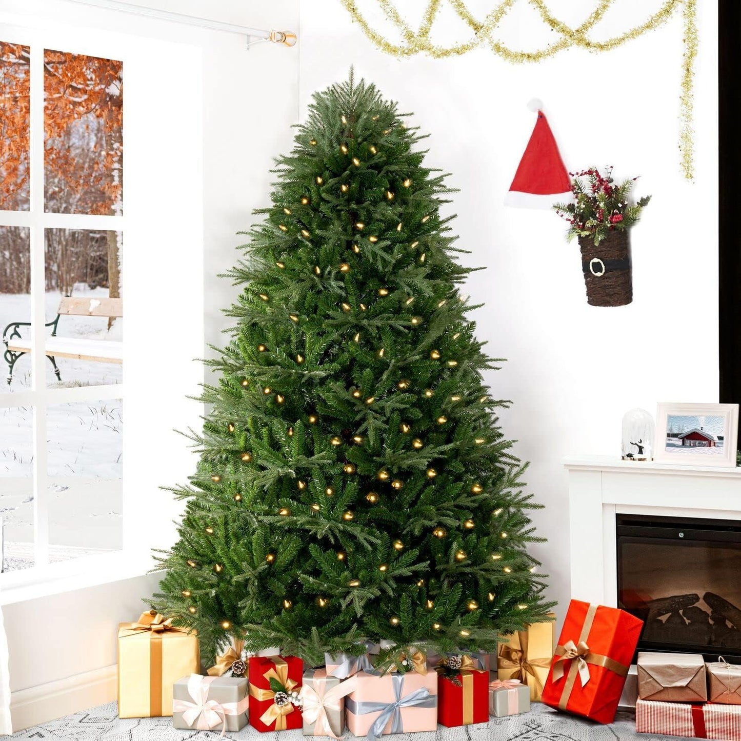Camden 6.5ft Prelit Artificial Christmas Tree with Foot Pedal, 2041 Branch Tips, 400 Warm Lights and Metal Stand, 51" Wide Realistic Hinged Christmas Tree with Lights by Naomi Home