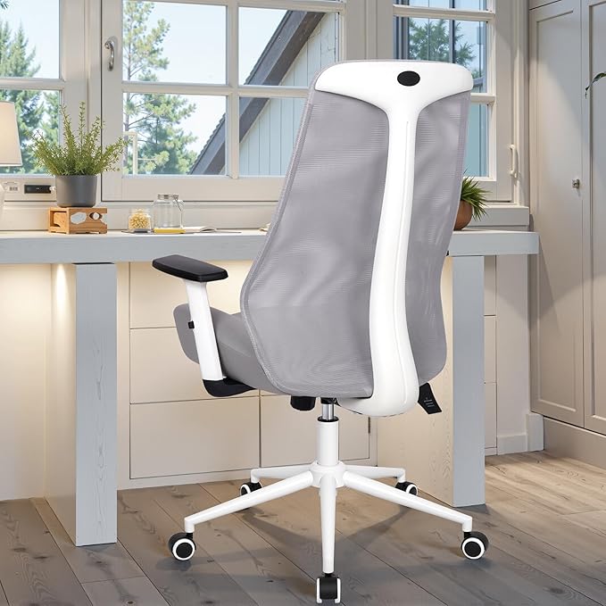 HYLONE Office Chair, 5" Thickened Seat Ergonomic Desk Chair with Adjustable Armrests, Home Office Computer Chairs for Long Hours Mesh Executive Chair(White Base&Grey)