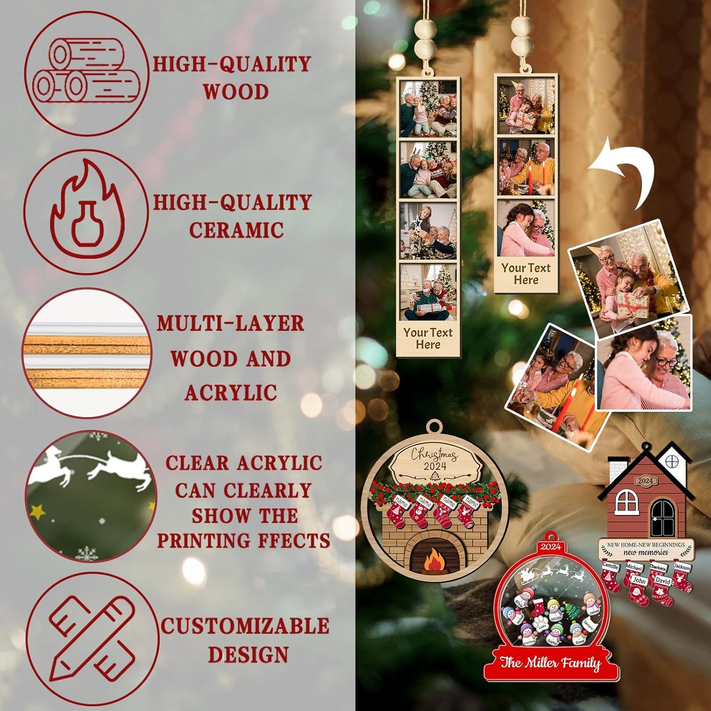 Personalized Christmas Ornaments with Names of 2/3/4/5/6/7/8 Custom Family Ornament Customized Xmas Tree Hanging Ceramic Decoration Gift Fireplace