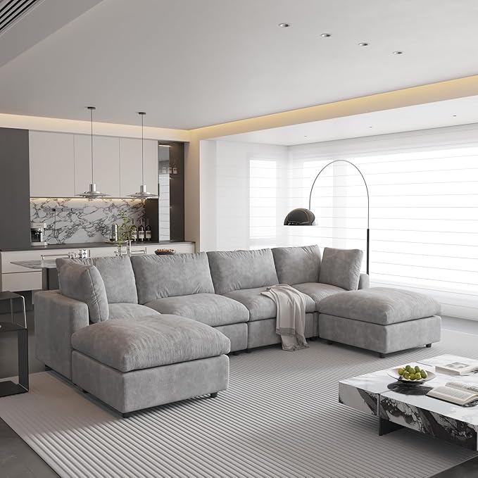 WJShome U Shaped Sectional Couch 134 Inch 4-Seater with 2 Ottoman Modern Modular Sofa,Chenille Deep Seat Couches for Living Room, Bedroom and Apartment，Gray