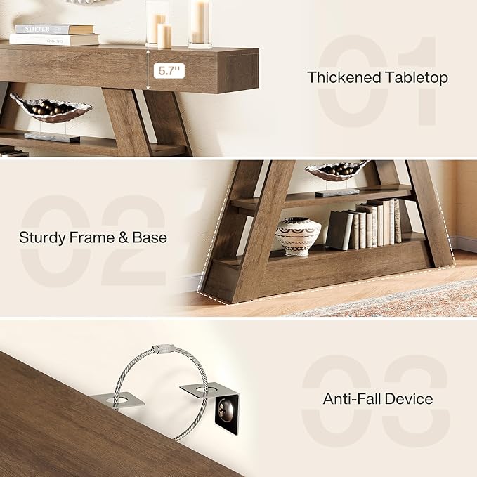 Tribesigns 63-Inch Wooden Console Table with Storage Shelves, Rustic Long Entryway Sofa Table Behind Couch for Living Room, Entrance, Hallway, Foyer