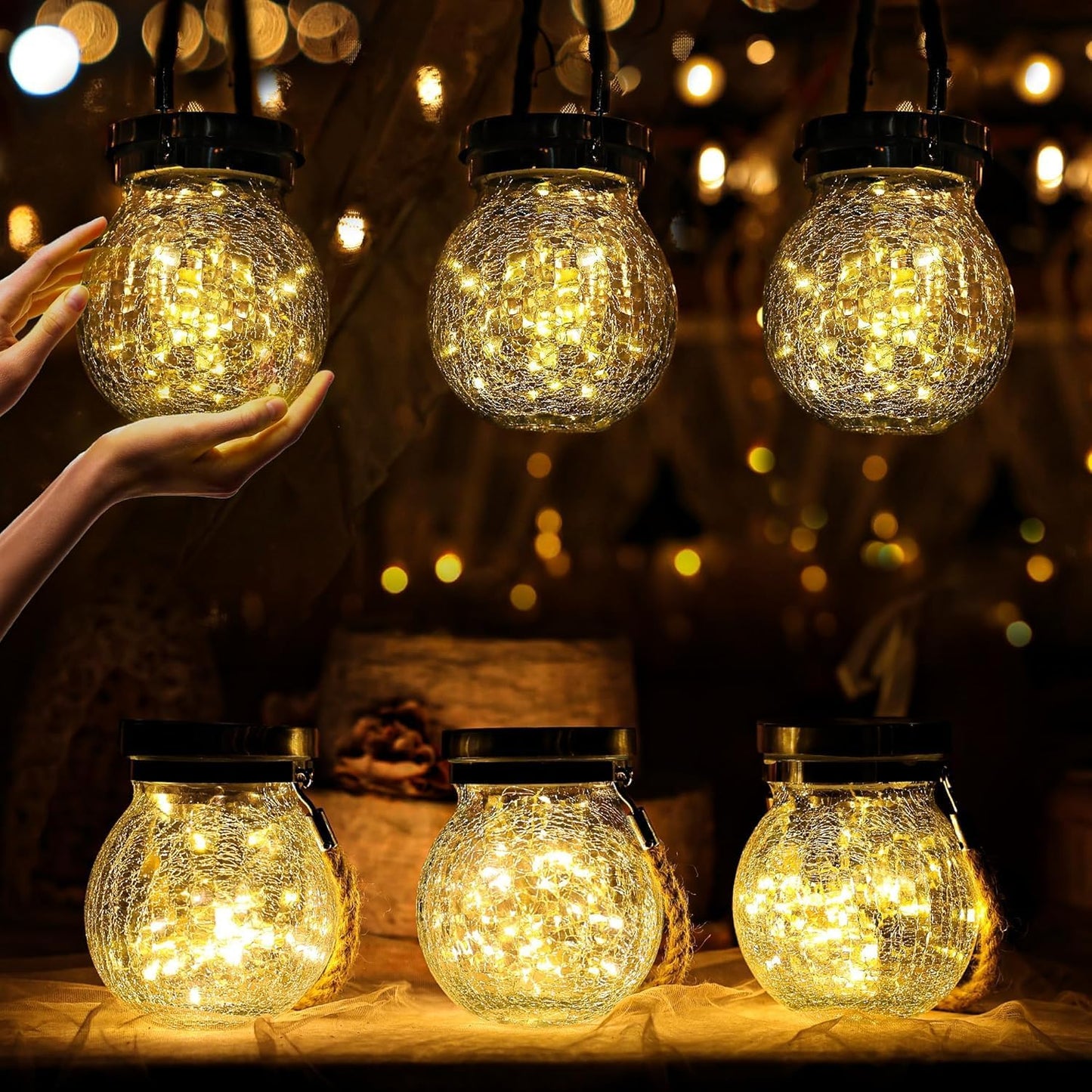 Cooo 4 Pack Heavy Crackle Glass Solar Lantern with 30 LED Firefly Lights– Waterproof Outdoor Hanging Lamp 215% Larger Solar Panel, Stainless Steel Lid Decorative Lighting for Garden Patio Table