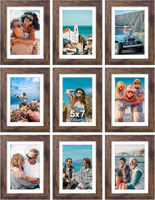 Vittanly 5x7 Picture Frames Set of 9, Shatter Resistant Plexiglass, Display 4x6 Pictures with Mat or 5x7 without Mat, Photo Frames for Wall or Tabletop, Engineered Wood, Brown