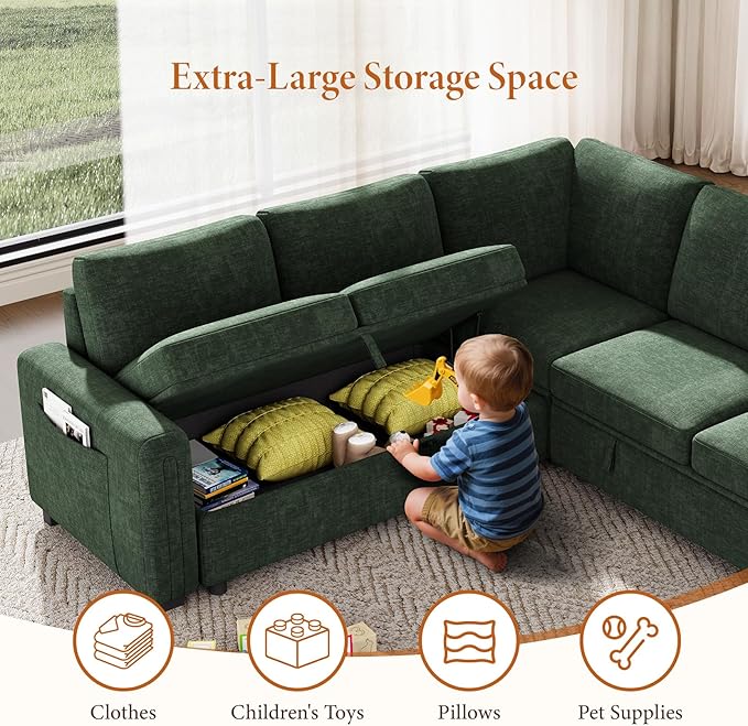 Vesgantti 88.4" Sectional Sleeper Sofa with Pull Out Bed, 5 Seater L Shaped Modular Sectional Couch with Storage, Comfy Chenille Modular Couch for Living Room, Bedroom, Apartment, Green