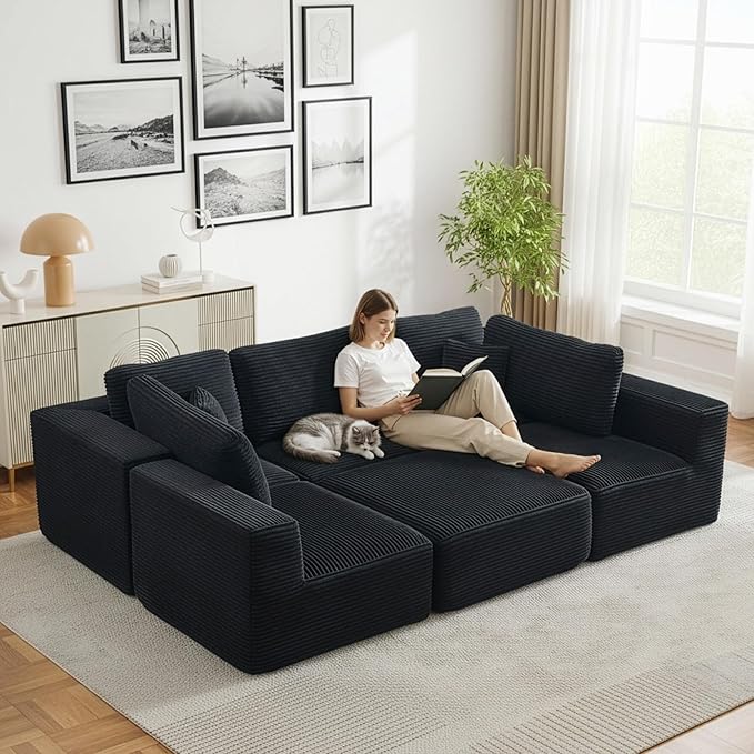 Cloud Modular Sectional Sleeper Sofa,U-Shape Modern Boneless Sectional Couch with Deep Seat,Upholstered Couches for Living Room Bedroom,No Assembly Required,Black