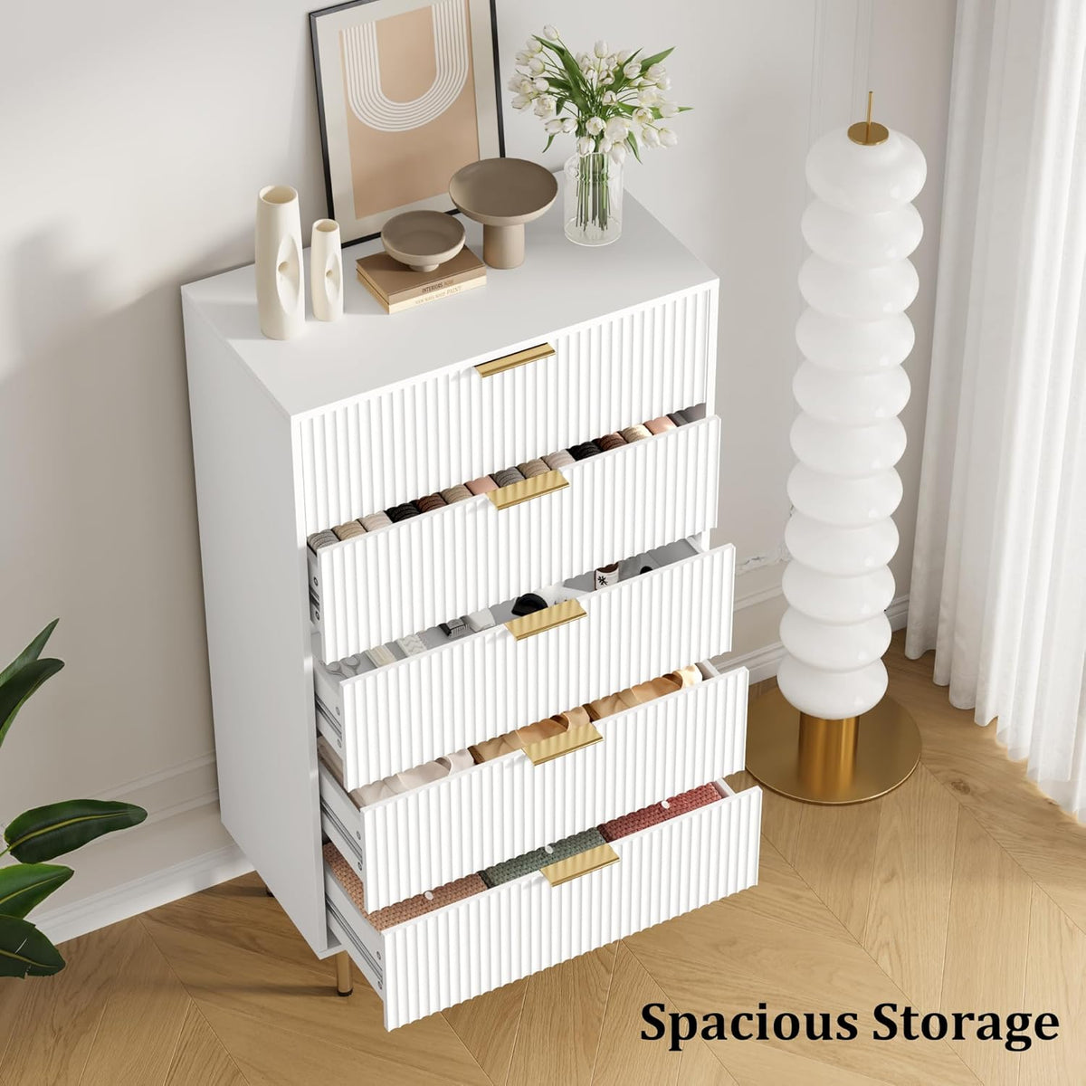 Fluted Wood Dresser 5 Drawers Dresser for Bedroom, Modern White Tall Dressers with Gold Handle, Wood Drawer Organizer for Bedroom, Living Room, Hallway, Entryway