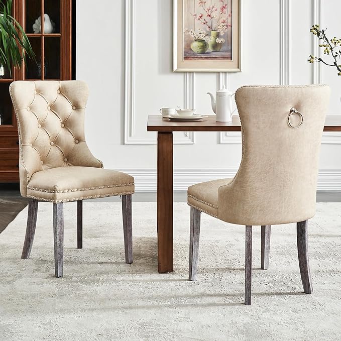 Leather Dining Chair Set of 6, Dining Room Chairs with Nailhead Ring Pull Trim, Upholstered Dining Chairs with Solid Wood Legs for Kitchen Dining Room (Beige)