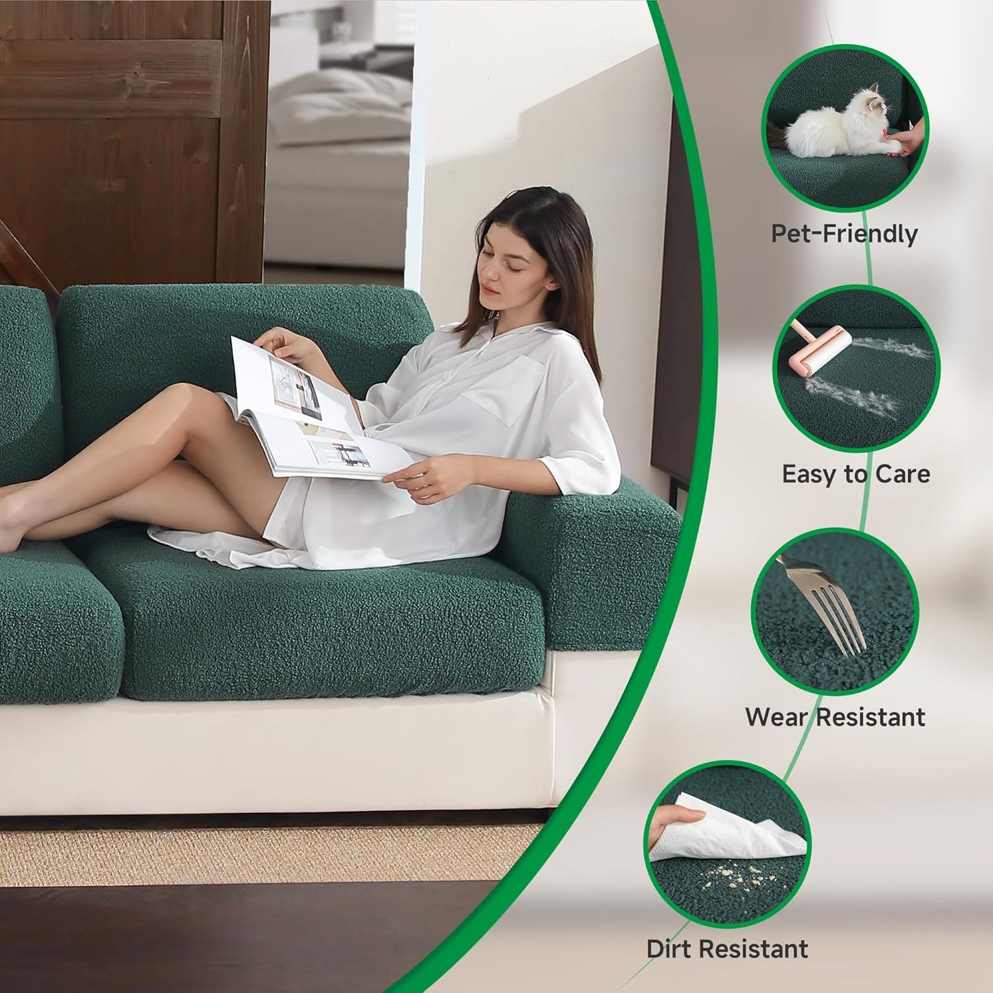 Couch Cushion Covers for Sectional Sofa, Stretch Soft Sofa Slipcovers Washable Wear-Resistant Universal Furniture Protector for Living Room(1 Piece Chaise Cover, Green)