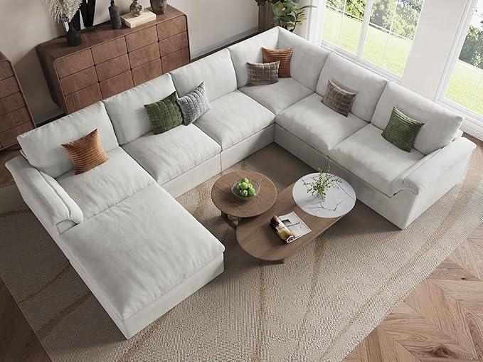 EASE MOOSE Oversized Sectional Cloud Couch-7-Seat, U-Shaped Deep-Seat Modular Boneless Sofa, No-Assembly Chenille Sofa for Living Room, White