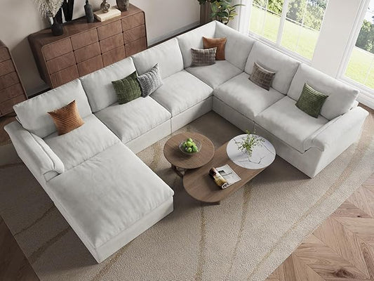 EASE MOOSE Oversized Sectional Cloud Couch-7-Seat, U-Shaped Deep-Seat Modular Boneless Sofa, No-Assembly Chenille Sofa for Living Room, White