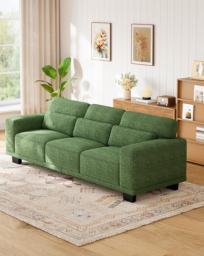 Marsail Modern 89 Inch Linen Fabric Sofa, 3-Seater Couch with Wide Armrests, Deep Cushions & Removable Washable Covers, Comfortable Living Room Furniture, Green