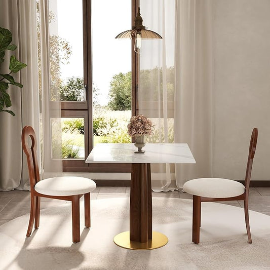 Sintered Stone Square Office Table and Chair Set - Meeting Table for Small Offices (Walnut‌ Leg and White Top, 1 Table and 2 Chairs)