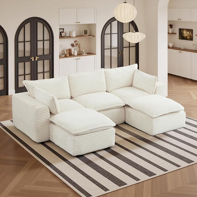 108" Sectional Couches for Living Room Boneless Couch Upholstered Cloud Couch Sectional Modular Sectional Sofa with L Shaped (Corduroy-White, 3 Seat+2 Ottoman)