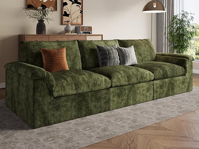 EASE MOOSE Oversized Boneless Couch for Living Room, Sectional Cloud Sofa, Modular Cloud Couch, 3-Seater Deep Seat Sofas with Pillow for Bedroom, Apartment, No Assembly Required, Chenille (Green)