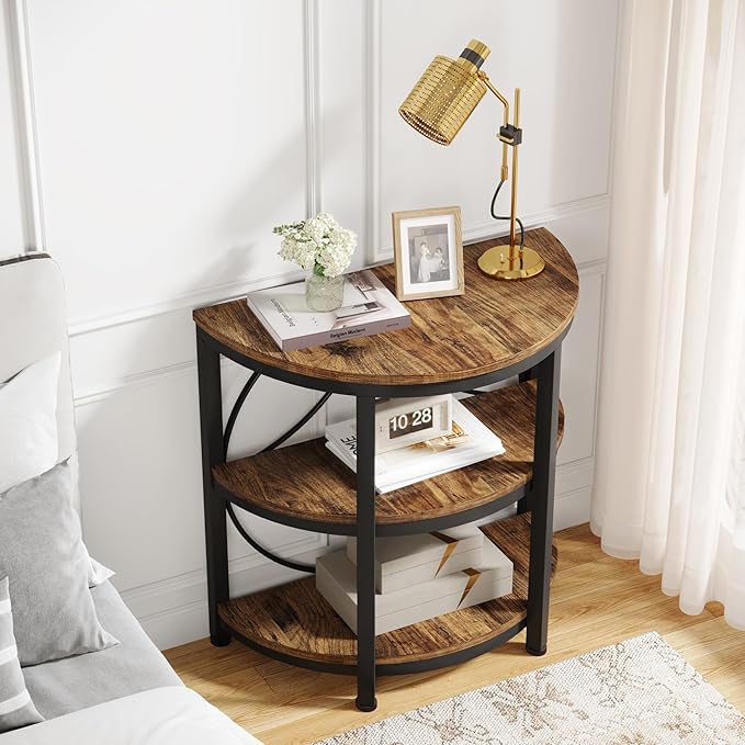 Tribesigns Half Round End Table for Living Room Set of 2, 3-Tier Half Side Table with Metal Frame, Industrial Half Moon Table, Half Circle Accent Table for Entryway, Bedroom, Rustic Brown