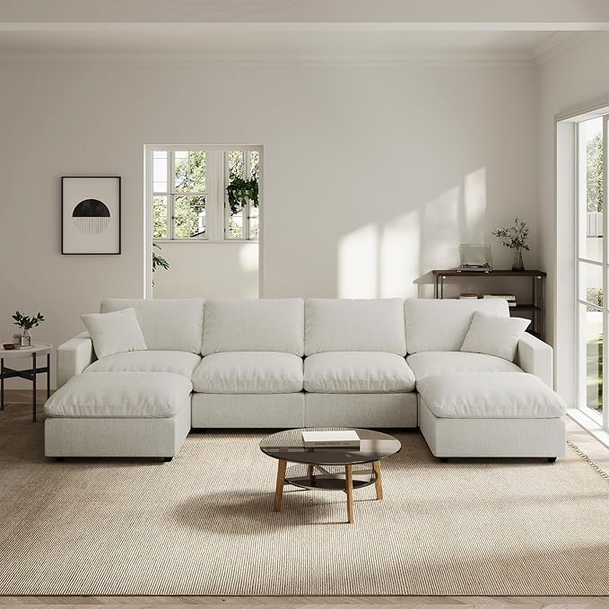 Modern Sectional Linen Couch for Living Room U-Shape Sofas,6 Seat Modular Cloud Sofas,Couches Cushion Covers Removable,Cozy Feather Down Sofa for Apartment Cream White