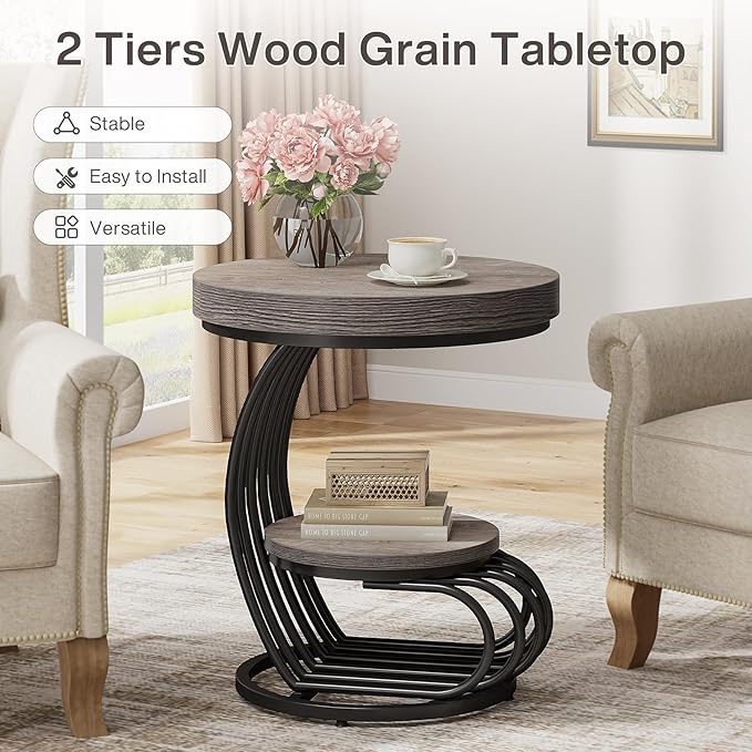 Tribesigns Round End Table Set of 2, 2-Tier Farmhose Wood Side Table with Shelf Storage, Small Sofa Side Bedside Nightstand, Accent Furniture for Living Room, Grey