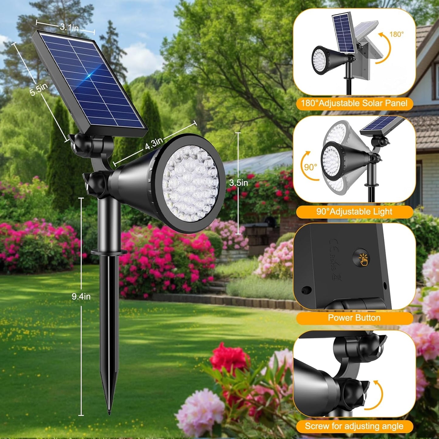 Solar Spotlight Outdoor Waterproof, 36 LED Outdoor Solar Lights with 2200mAh, 2-in-1 Wall or Ground Solar Flood Lights for Yard, Garden, Pathway, Auto On/Off Landscape Lighting- 4 Pack (Warm White)