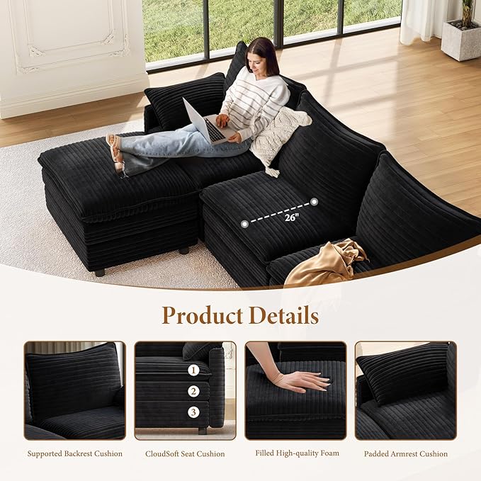 Vesgantti 142" Oversized Sectional Sofa Bed, 8-Seater Modular Sleeper Cloud Couch with Movable Ottoman, Corduroy Convertible Sofa Set Deep Seat Couches for Living Room, Bedroom and Apartment, Black