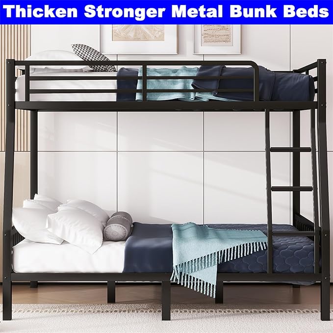 Upgraded Version Thicken Metal Full XL Over Queen Bunk Bed, Stronger Heavy Duty Steel Bunk Bed Full Over Queen Size, Best Bunkbed Frame for Adults, Easy Assembly, Black (Full XL Over Queen)