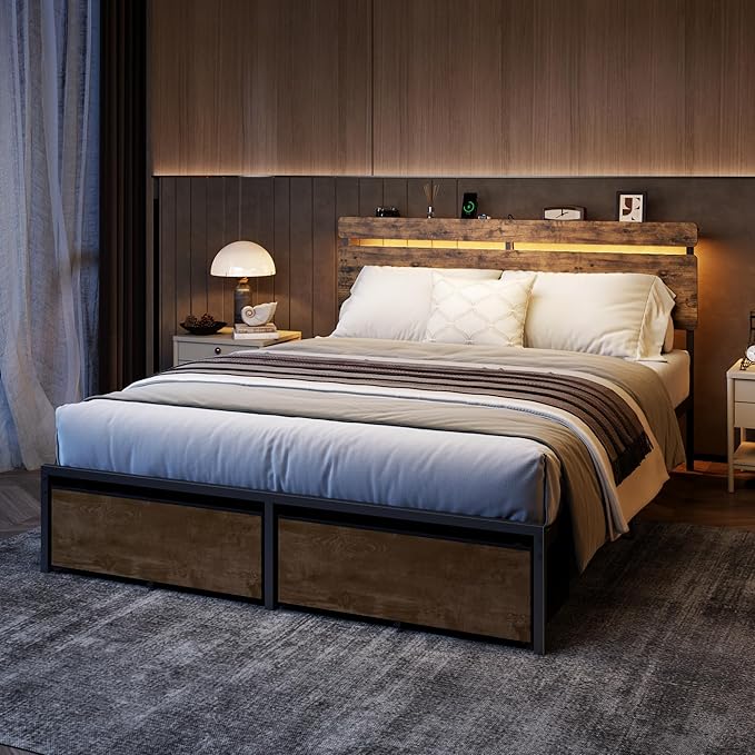 Forestell Queen Bed Frame with Wood Headboard, Metal Platform Bed with 2 Storage Drawers & Shelf, Built-in Charging Station & LED Lights, No Box Spring Needed, Vintage Brown, Cama Queen Size