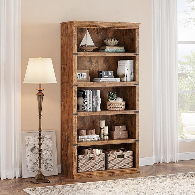 IDEALHOUSE 5 Tier Bookcase, Farmhouse Book Shelf with Storage, 71" Tall Book Case Wooden 5 Shelf Bookcase for Home Office, Living Room, Bed Room (Vintage, 67.4" H x 31.5" W x 12.8" D)