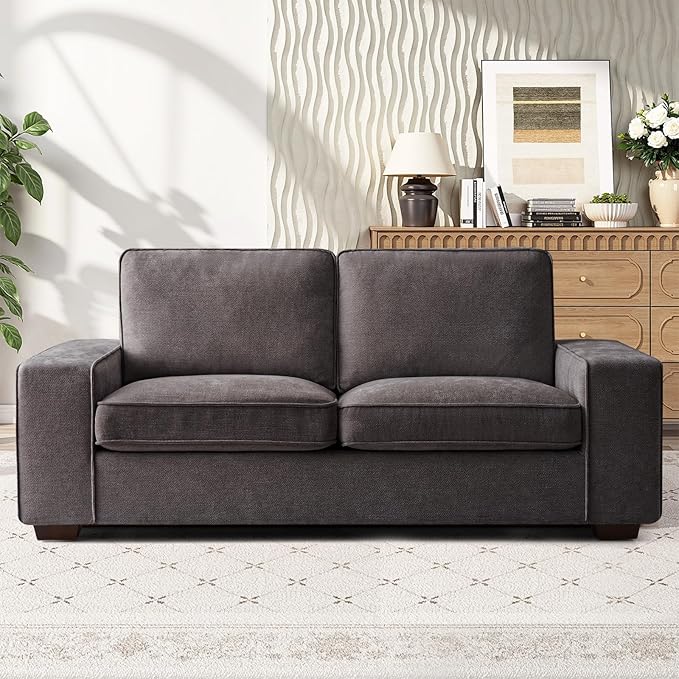 RISAR 71.25" Modern Loveseat Sofa for Living Room, Chenille Couch with Removable Cover & Spring Cushions, Solid Wood Frame, Easy Assembly for Small Spaces (Dark Gray)
