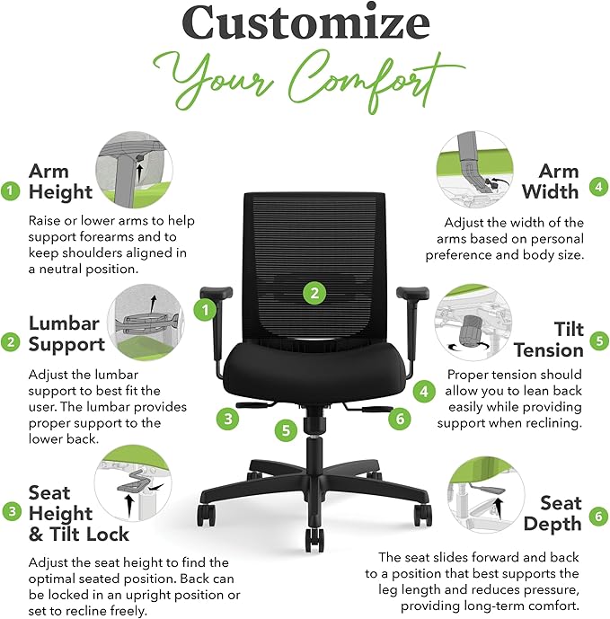 HON Convergence Ergonomic Office Chair, Breathable Back Support Mesh, Adjustable Arms, Computer Chair with Lumbar Support, Rolling Swivel Wheels, Comfortable Synchro-Tilt Recline, Fabric, Peacock