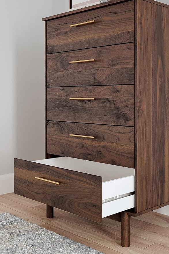 Signature Design by Ashley Calverson Contemporary 5 Drawer Chest of Smooth-Gliding Drawers and Safety Stop, Dark Brown