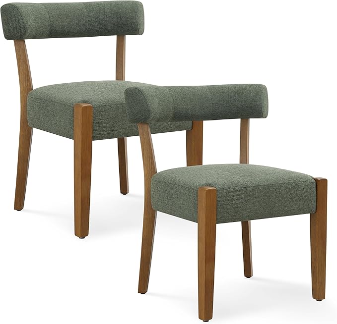 Modern Green Dining Chairs Set of 2, Walnut Upholstered Kitchen & Dining Room Chairs, Mid Century Modern Wooden Dining Chairs Oversized Sturdy Fabric Rounded Chairs Curved Back